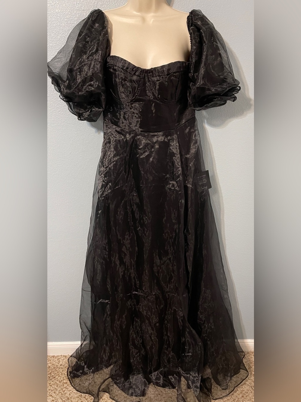 Lulus Black Organza Maxi Dress Puff Sleeve Gothic Fairycore Formal Gown Medium